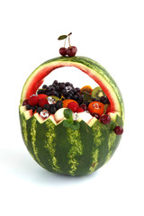 Handmade baskets made of watermelon isolated on white background. watermelon filled with juicy fruit.