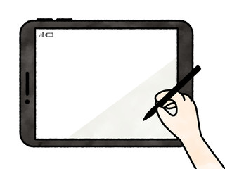 タブレット-タッチペンを持つ手-水彩