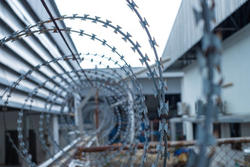 Barbed wire fences installed on the wall to protect the area from thieves or prevent prisoners...