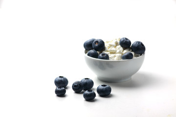 a bowl of cottage cheese and blueberry isolated on white background