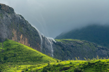 Reverse Waterfall seen near Nasik on a windy day,Maharashtra