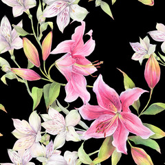 Seamless floral pattern of lily flowers  and alstroemeria. Hand painted watercolor illustration.