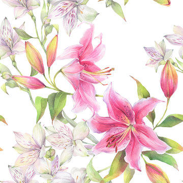 Seamless floral pattern of lily flowers  and alstroemeria. Hand painted watercolor illustration.