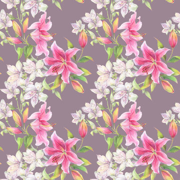 Seamless floral pattern of lily flowers  and alstroemeria. Hand painted watercolor illustration.