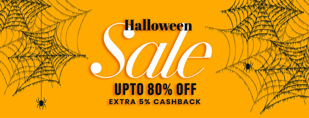 yellow halloween sale banner with spider web