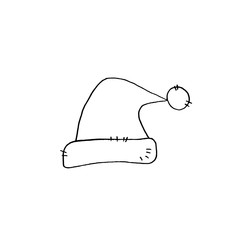 Santa claus hat flat cap symbol, sign, outline illustration. Element of Christmas and New Year design. Doodle, sketch, coloring, line art, hand drawn, black and white.