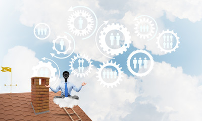 Concept of security and privacy protection with camera headed man meditating