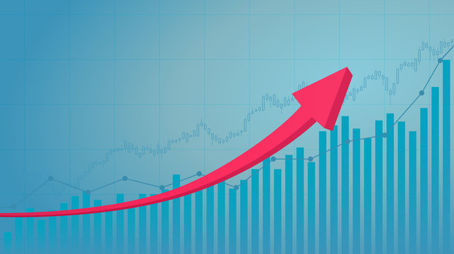 Abstract financial graph with uptrend line and red 3d arrows in stock market on blue color background