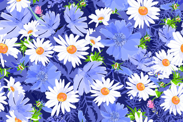 Art floral vector seamless pattern. Daisies and chicory with buds, leaves, twigs. White and blue field meadow flowers isolated on dark blue background. For fabric, home and kitchen textile, wallpaper.
