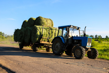 tractor driven fresh hay rolled, after seasonal harvesting
