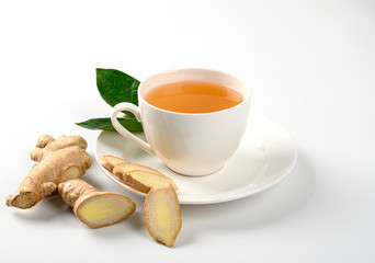 Ginger tea with ginger root and leaves  on white background.