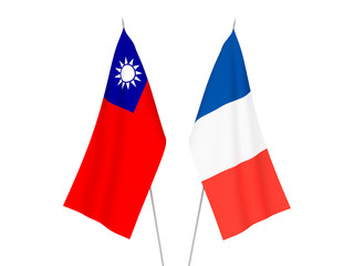 National fabric flags of France and Taiwan isolated on white background. 3d rendering illustration.