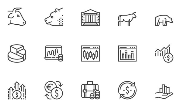 Stock market vector line icons set. Stock quotes, finance, trading, money management. Editable stroke. 48x48 Pixel Perfect.