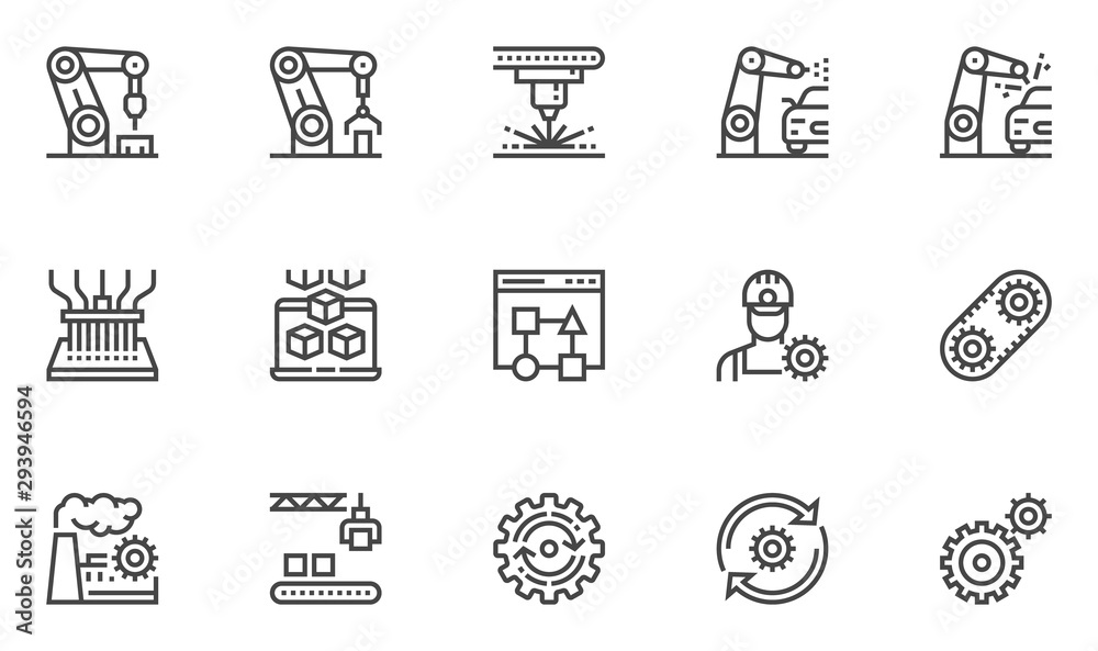 Wall mural automation vector line icons set. improving productivity, productive workflow, mass production, robo