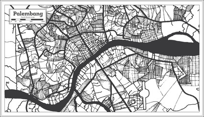 Palembang Indonesia City Map in Black and White Color. Outline Map.