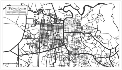 Pekanbaru Indonesia City Map in Black and White Color. Outline Map.