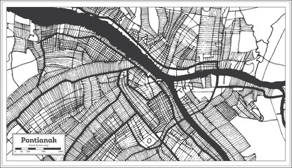 Pontianak Indonesia City Map in Black and White Color. Outline Map.