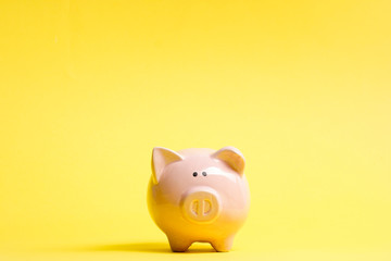 Piggy bank and golden coin. Savings and finance concept