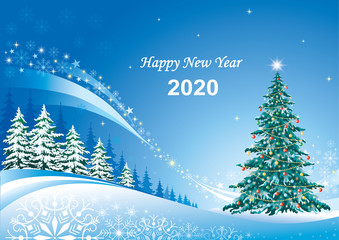 Naklejka na ściany i meble 2020 Merry Christmas and Happy New Year with Christmas tree on winter landscape, new year greeting card, banner