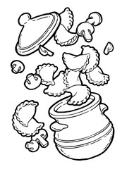 Dumplings, vareniki in a pot. Mushroom baked, roast. Ink hand drawing. Food, vegetables and fruit isolated on white background. Book illustration, recipe, menu, magazine or journal article.