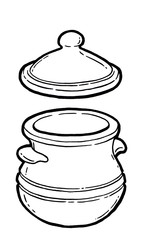 Pot. Ink hand drawing. Food, vegetables and fruit isolated on white background. Book illustration, recipe, menu, magazine or journal article.