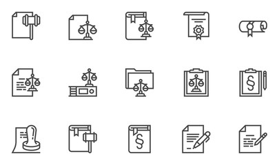 Legal documents vector line icons set. Code of laws, notary public, advocacy, certificate, license. Editable stroke. 48x48 Pixel Perfect.