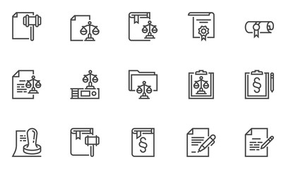 Fototapeta na wymiar Legal documents vector line icons set. Code of laws, notary public, advocacy, certificate, license. Editable stroke. 48x48 Pixel Perfect.