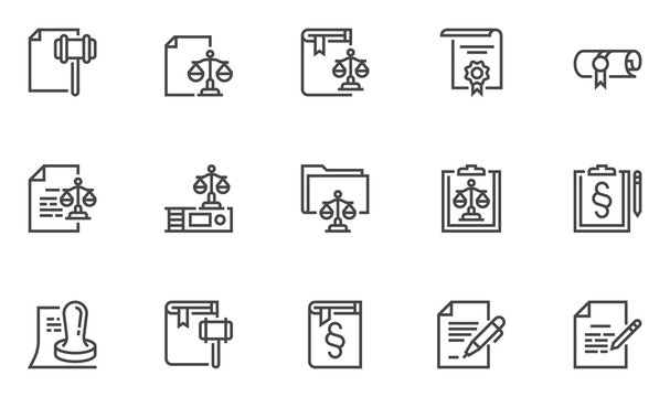 Legal documents vector line icons set. Code of laws, notary public, advocacy, certificate, license. Editable stroke. 48x48 Pixel Perfect.
