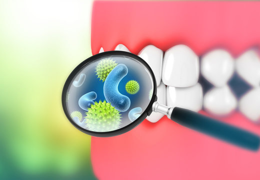 Magnifying glass showing germs,bacteria,virus in teeth. 3d illustration