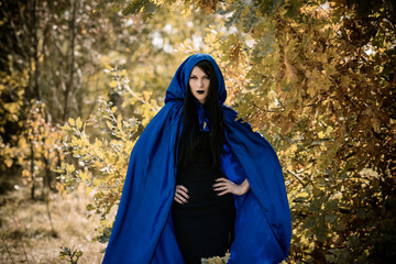 Halloween time, witchcraft, modern gothic girl in blue cloak celebrate. Good ideas for photoshots, cosplay 