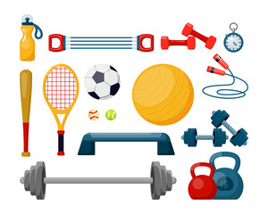 Sport equipment flat vector illustrations set. Fitness
