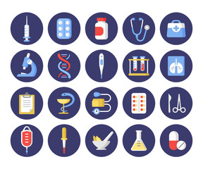 Healthcare industry round flat vector icons set