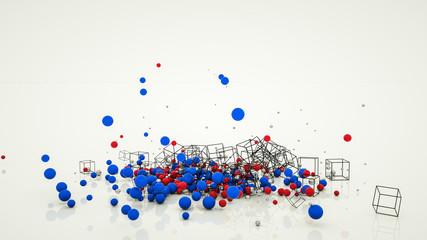 abstract background of scattered three-dimensional shapes. balls and cubic frames. 3d rendering illustration