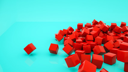 many red cubes on a turquoise background. 3d rendering illustration