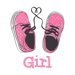 Girls sneakers hand drawing. Pink polka dot coloring. Print Design - It's a girl. Vector illustration of a pair of baby shoes.