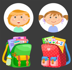 Backpacks or schoolbags with stationery, school children avatars. Rucksacks with books, girls and boys, sticker of smiling pupils or students, classmates and bags. Back to school concept. Flat cartoon