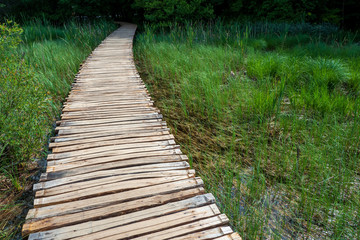 Fototapeta na wymiar Wooden walkway leading across a with reed and grass overgrown lake at the Plitvice Lakes National Park, Croatia