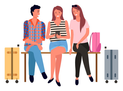 Plane passengers with suitcases, airport waiting room vector. Travelers with baggage, man and women, traveling and flight, friends on vacation or holidays. Famify weekend. Flat cartoon