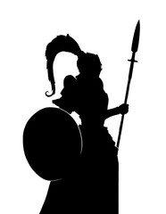 Silhouette of a knight with a shield in the helmet with a tail, and a spear, standing in profile . 2D illustration.