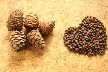 pine cones lie next to a heart made of nuts