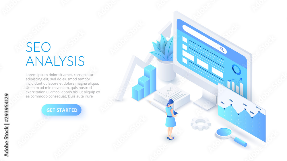 Poster Seo analysis design concept. Isometric vector illustration. Landing page template for web.
