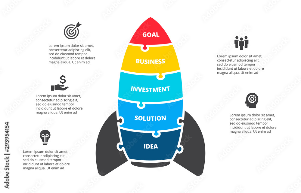 Poster Puzzle vector rocket infographics. Startup businecc concept for chart, diagram, web design, or presentation with 5 options.