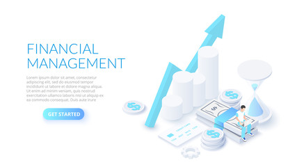 Financial management design concept with sitting man, money and hourglass. Isometric vector illustration. Landing page template for web.