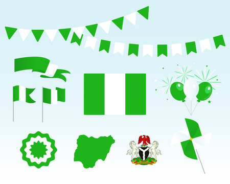 National Holiday. Independence Day Of Nigeria, Set Of Vector Design Elements. Map, Coat Of Arms, Flags, Ribbons, Turntables, Sockets. Vector. Symbolism