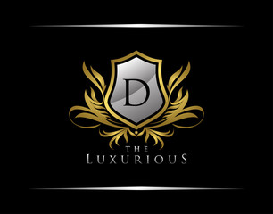 Classy Shield Logo with D Letter in Royal Badge Vector Logo Template Used for hotel, restaurant, boutique, jewellery invitation, business card etc