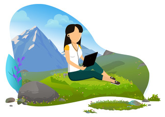 Girl sitting on green grass with headphones and tablet and mountains view on background. Female traveler, tourist enjoying landscape vector illustration. Mountain tourism