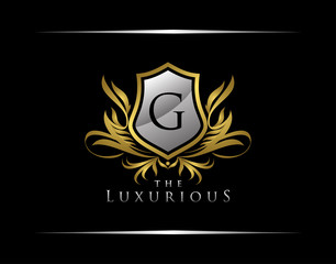 Classy Shield Logo with G Letter in Royal Badge Vector Logo Template Used for hotel, restaurant, boutique, jewellery invitation, business card etc