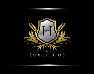 Classy Shield Logo with H Letter in Royal Badge Vector Logo Template Used for hotel, restaurant, boutique, jewellery invitation, business card etc