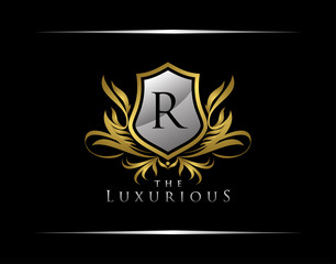 Classy Shield Logo with R Letter in Royal Badge Vector Logo Template Used for hotel, restaurant, boutique, jewellery invitation, business card etc