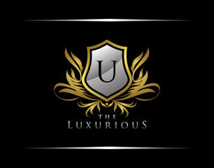 Classy Shield Logo with U Letter in Royal Badge Vector Logo Template Used for hotel, restaurant, boutique, jewellery invitation, business card etc
